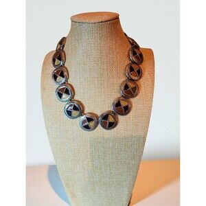 VTG Geometric Statement Necklace–Silver Tone, Black & Brown Enamel, Toggle Clasp